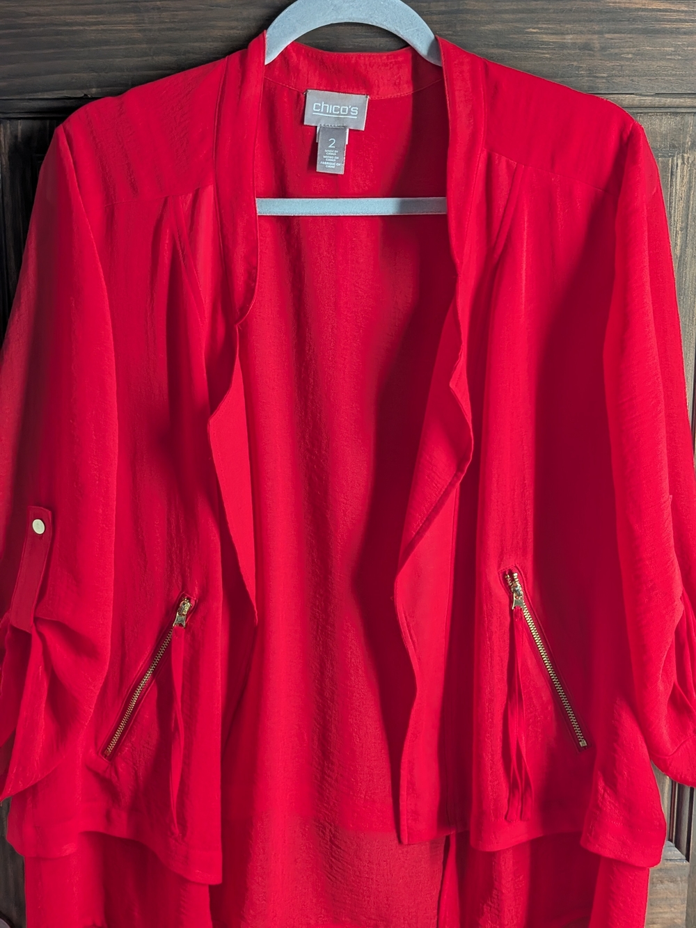 Chico's Bright Red Open-Front Blazer with Gold Zippers